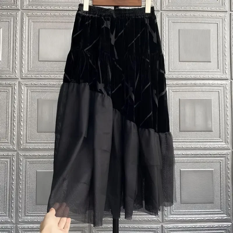 Patchwork Vintage Long Skirts for Women Jupe Y2k Skirt Velvet Black Faldas Mujer Moda 2025 High Slim Street Lace Mesh