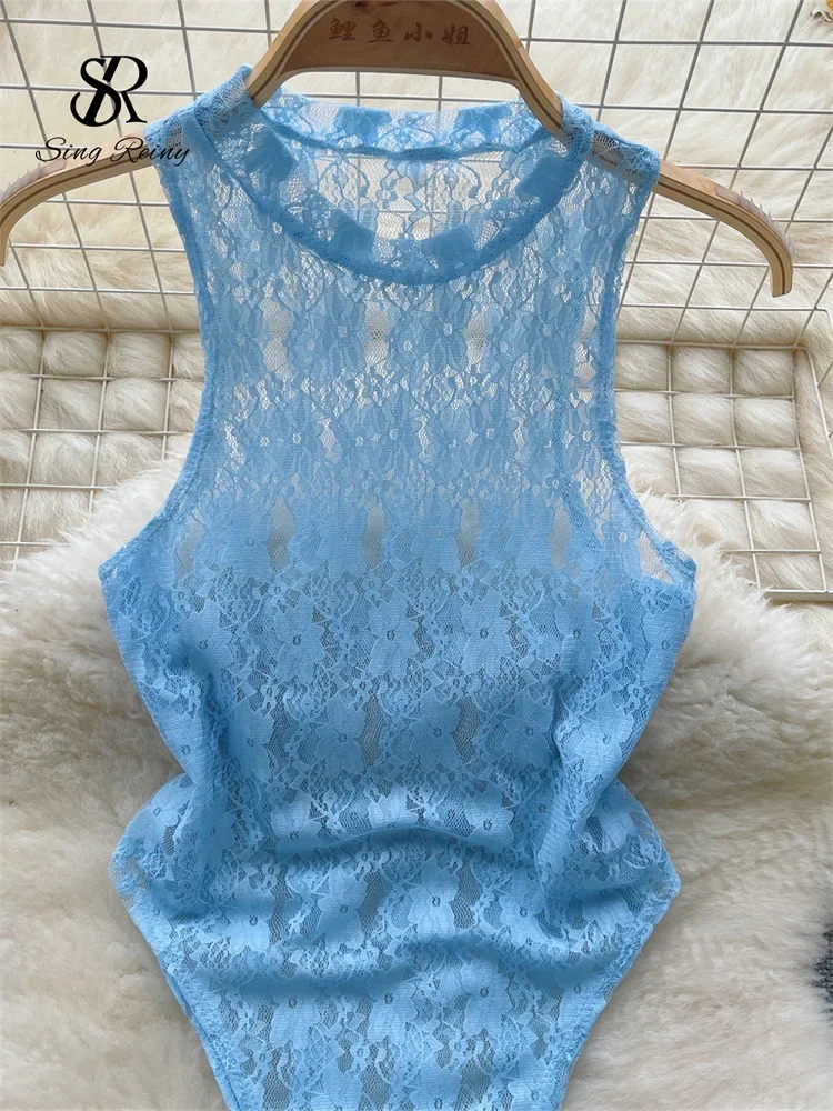 

SINGREINY Transparent Lace Bodysuits O Neck Sleeveless Open Cortch Sensual Slim Nightwear 2023 Women Sheer Erotic Sexy Playsuits