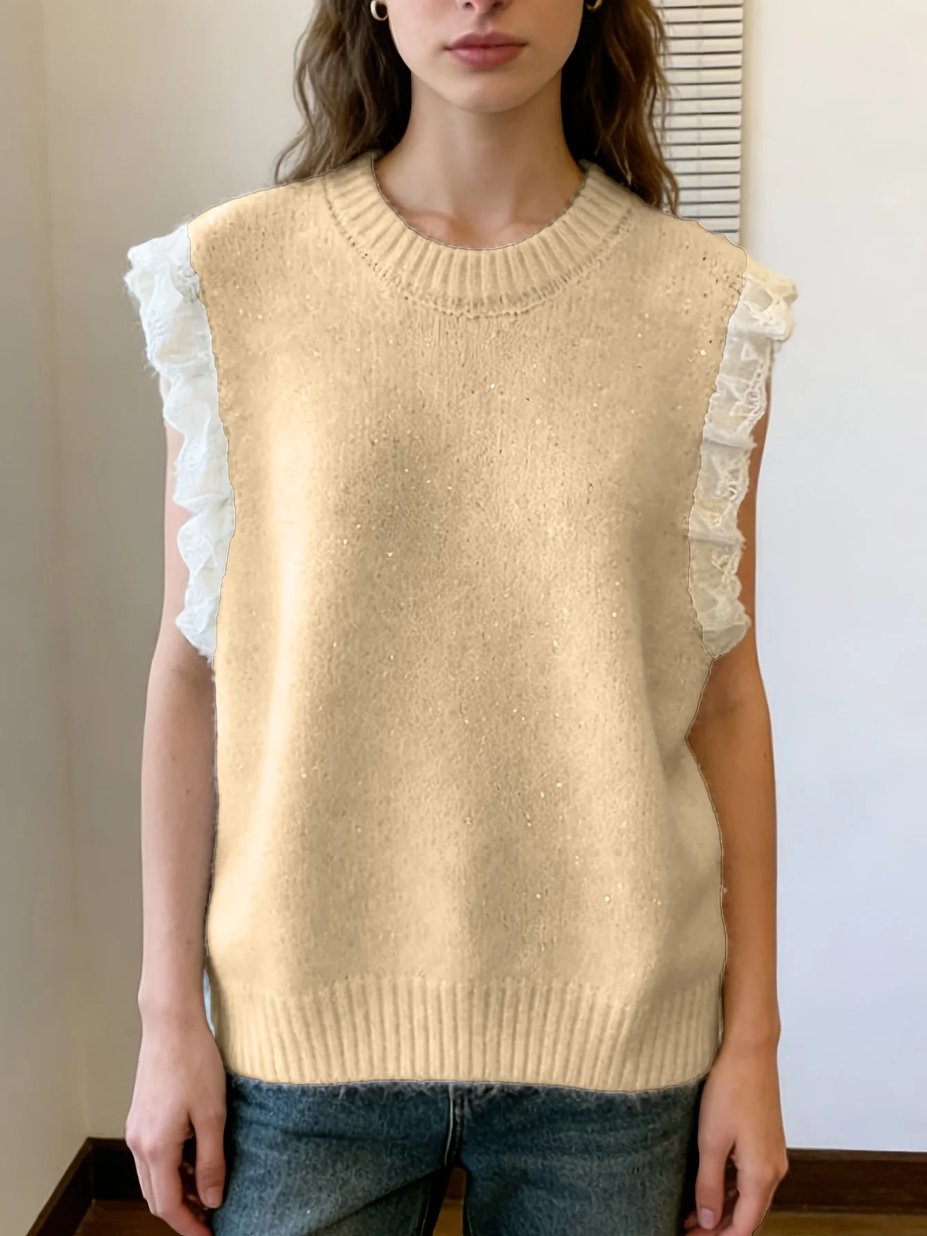 

Women's Plus-Size Lace Simple Round-Neck Knitted Pullover Vest Top, Elegant and Suitable for Work Attire, Spring and Summer Styl