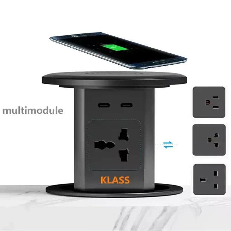 Universal Pop Up Power Socket Tower with Wireless Charger Kitchen Countertop Embedded Outlet US UK EU Plug Multi Function
