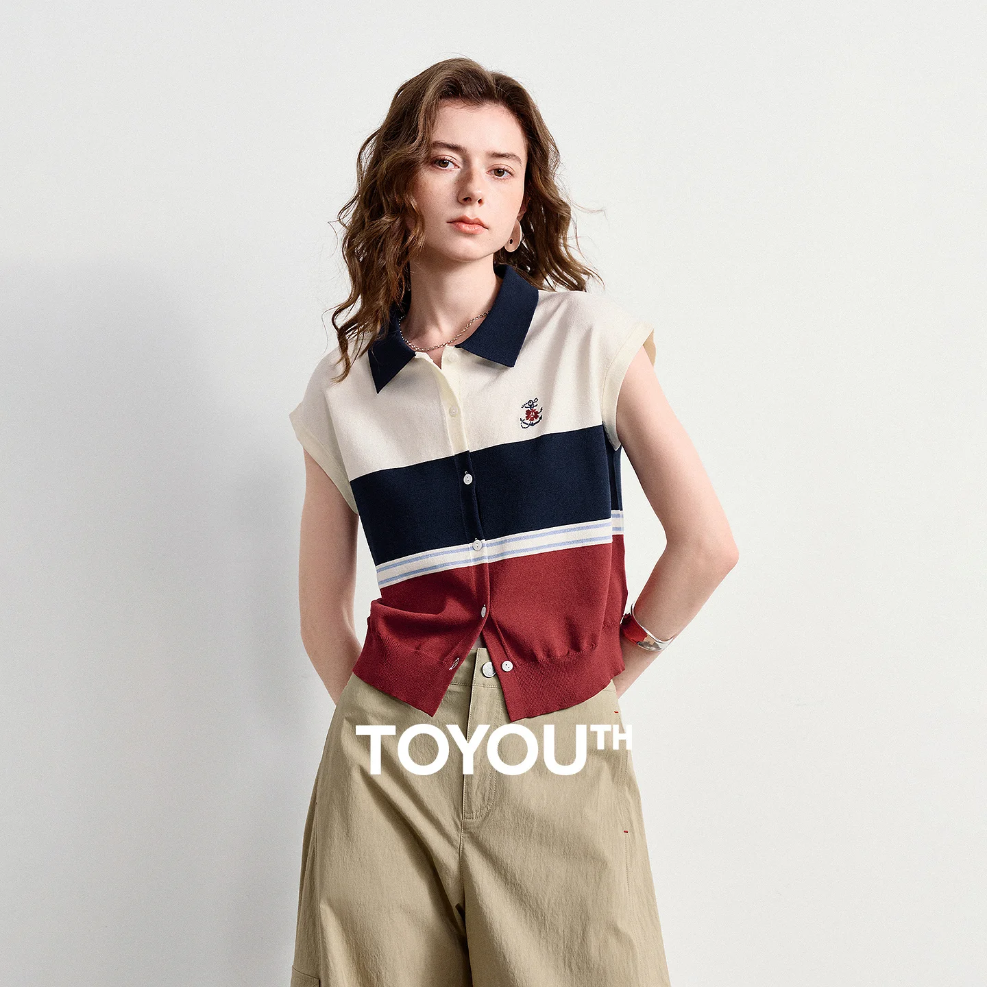 TOYOUTH Camiseta Polo de Punto de Seda Helada para Mujer, Novedad Verano 2026, Estilo Náutico con Rayas y Bloques de Color, Tops Pullover