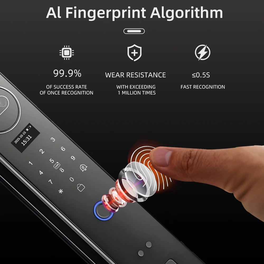 Wishome app bloqueio inteligente 3d reconhecimento facial senha de impressão digital fechadura da porta inteligente campainha embutida com instantâneo anti-roubo