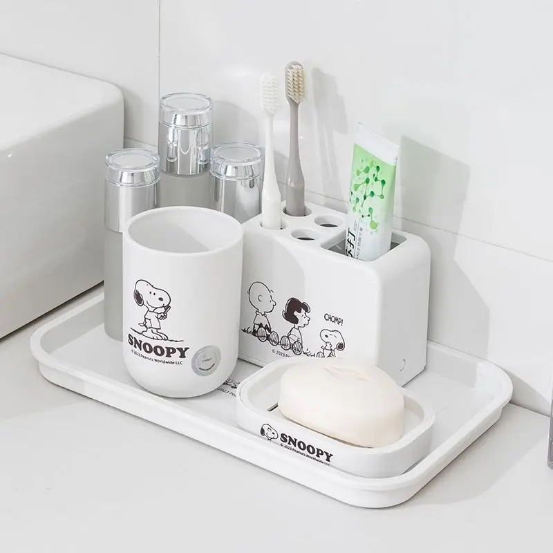 Snoopy estante de almacenamiento de artículos de tocador para el hogar, a prueba de humedad y drenaje, taza de enjuague bucal para baño, serie de platos de jabón para lavabo