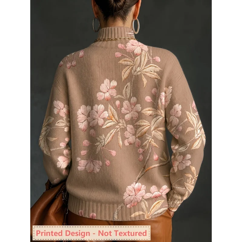 Women's Pink Blossom Floral Turtleneck Sweater Long Sleeve Knit Pullover Loose Soft Warm Autumn Winter Casual Jumper Top