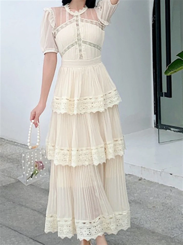 2023 Woman Lace Elegant Boho Summer Mesh Dress Solid Party Short Sleeve Sexy Dresses Women Vintage A-Line Embroidery Vestidos