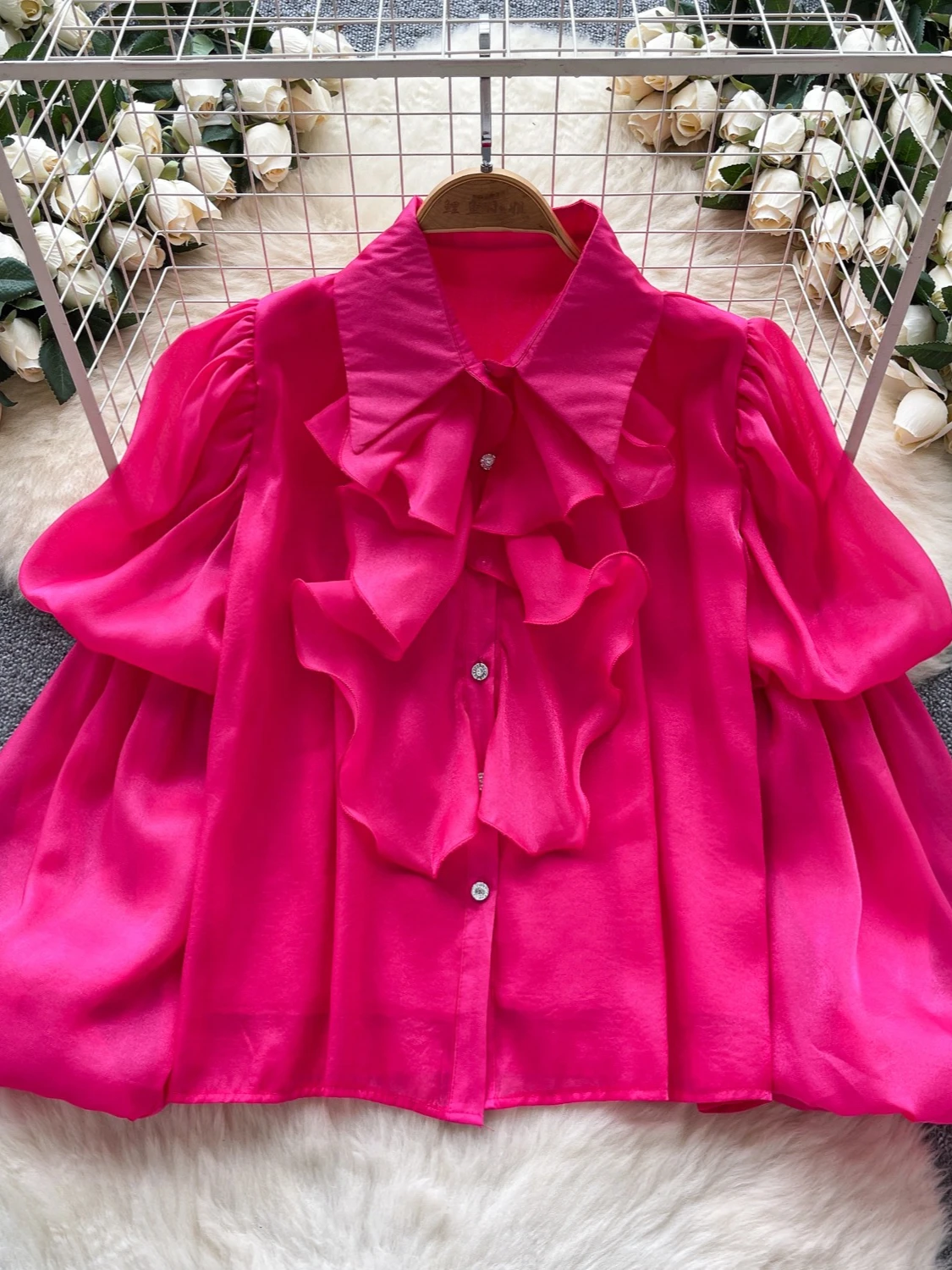 

Новинка 2026, осенняя рубашка во французском стиле с отложным воротником и рукавами-фонариками, однобортная однотонная рубашка с оборками в стиле пэчворк, топы