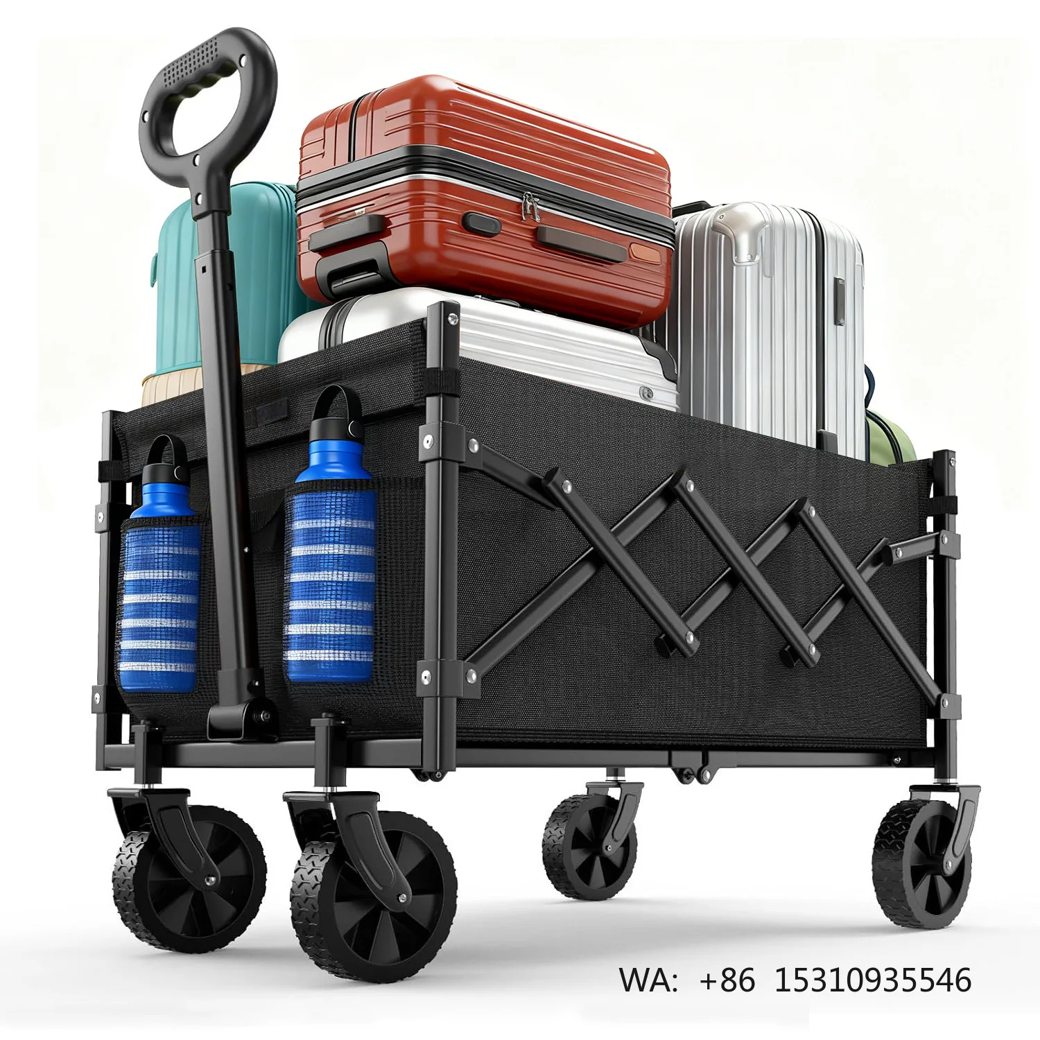 Foldable Collapsible Alloy Steel Wagon Wheels Adjustable Handle Built-In Cup Holder-Portable Grocery Utility Cart for Camping