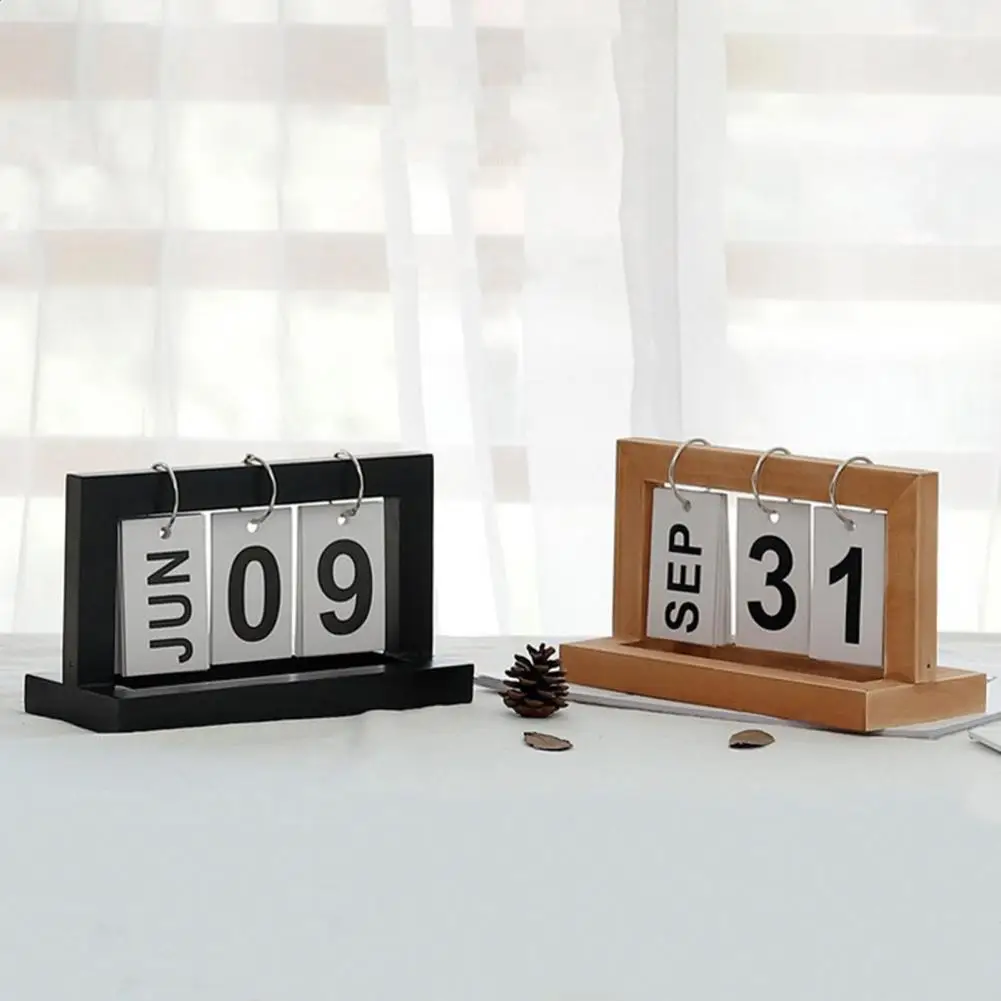 Calendar Work Station Decor Rust-resistant Wooden Perpetual Calendar Ornament Desktop Decor with Metal Iron Ring Solid for Home