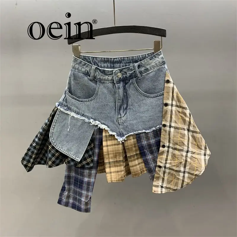 

[oein] Design Sense Niche Splicing Denim Skirt For Women, High Waist Slimming, Irregular Skirt, Spicy Girl A-line Short Skirt