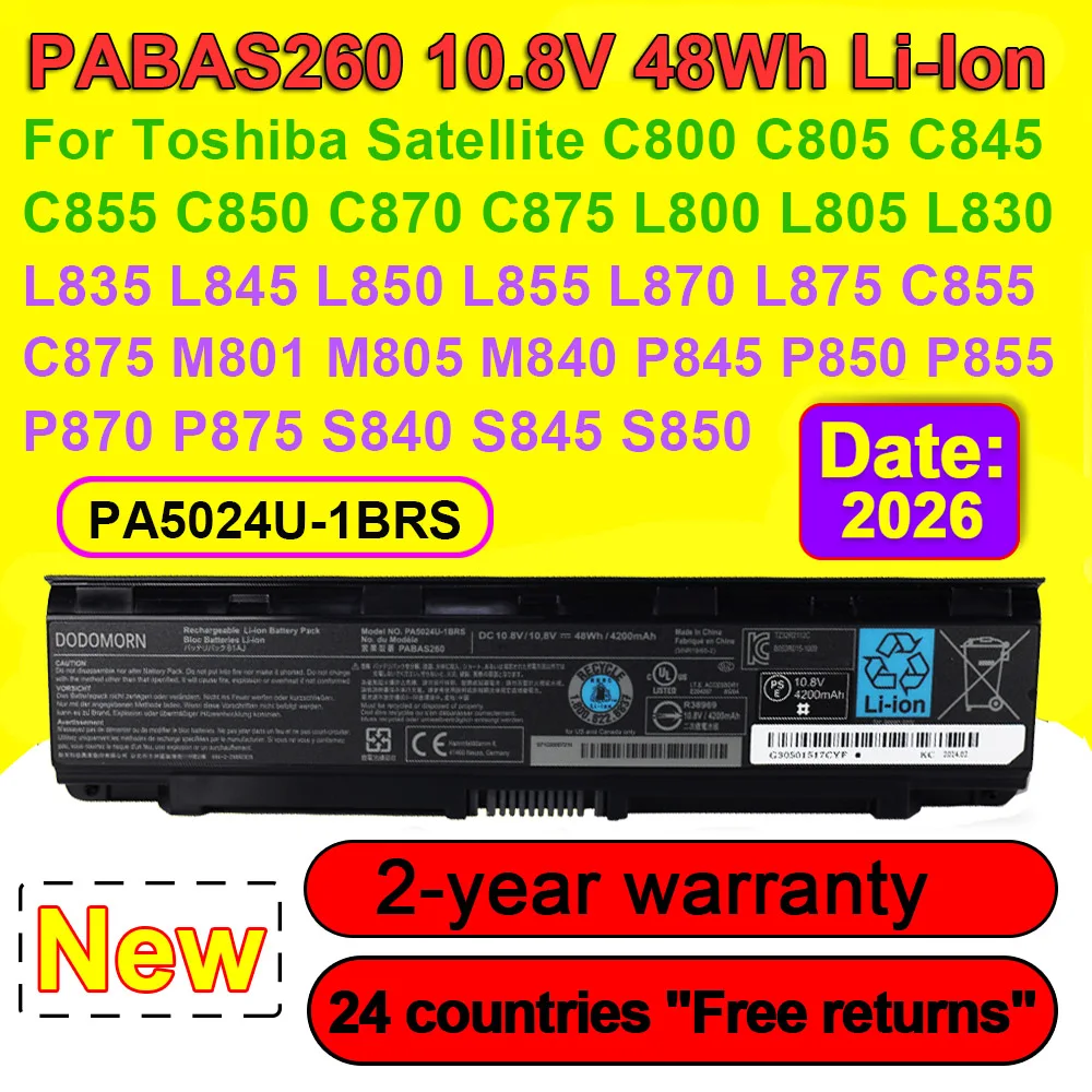 Batería para Portátil Toshiba Satellite C845 C850 C870 L830 L840 L850 L855 L870 Series PA5024U-1BRS PABAS260, 10.8V 48Wh