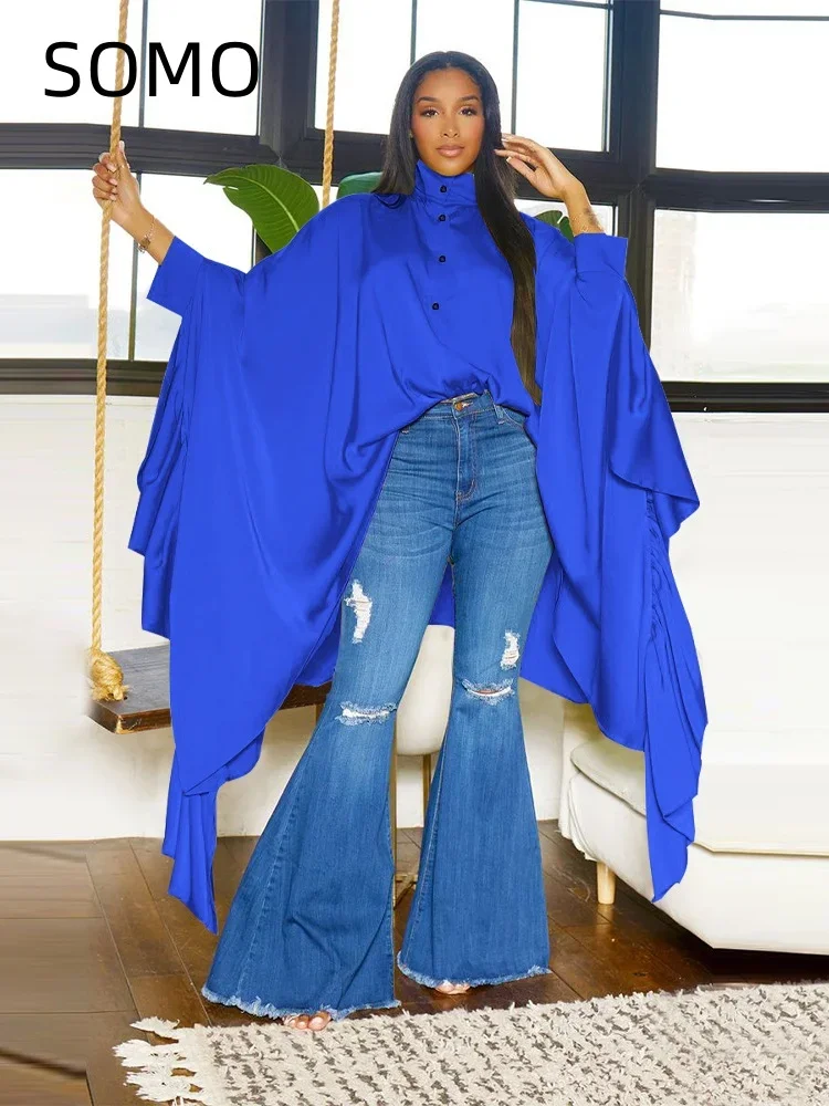 SOMO Plus Size Women Clothes Pleated Long Cape Shirt Bat Full Sleeve Irregularity Blouse Top One Size Loose Dropshipping 2023