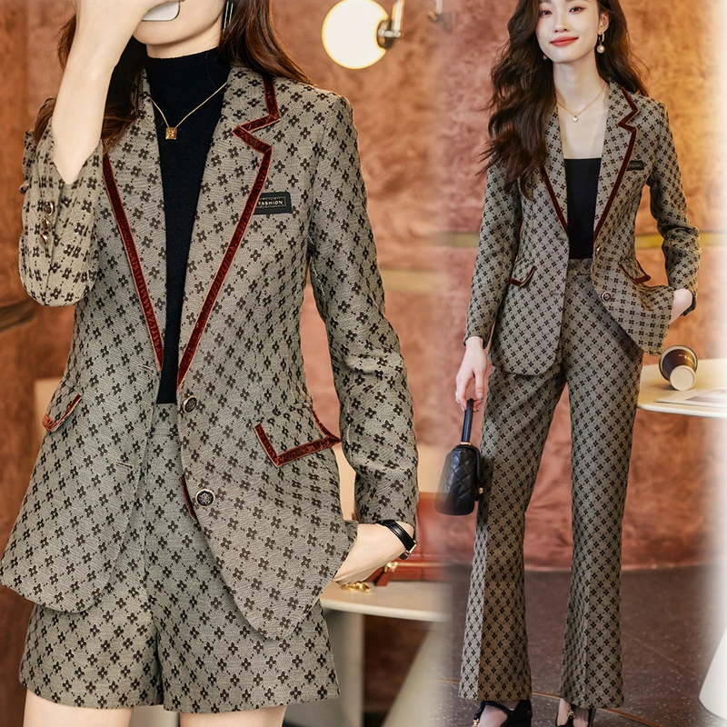 

Корейский Осенний официальный Дамский блейзер цвета хаки, женские деловые костюмы с комплектами, рабочая одежда, Офисная форма, зимняя повседневная куртка с брюками