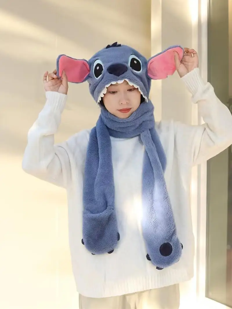 New Disney Stitch Lilo & Stitch Creative Kawaii Cute Doll Scarf Gloves Three-in-one One-piece Winter Outdoor Cycling Warm Hat