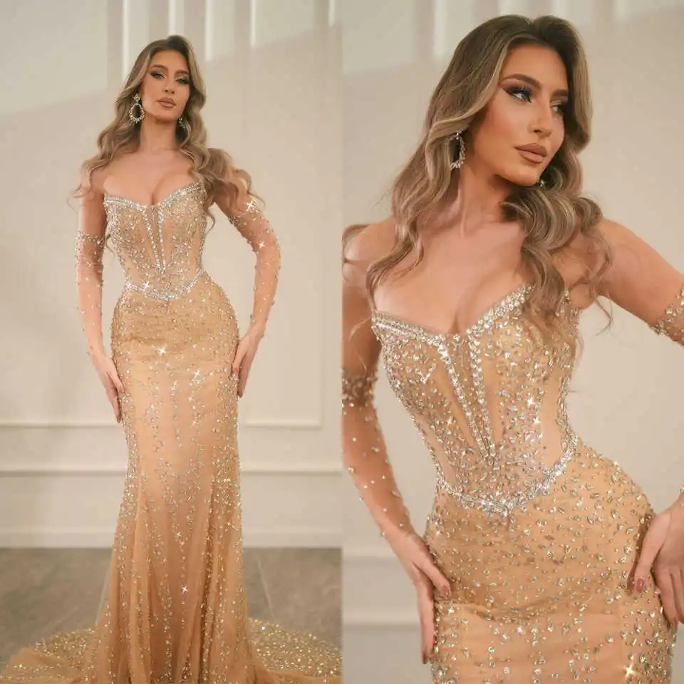 Exquisite Evening Dresses Mermaid Crystals Backless Half Sleeve Prom Sweep Train Gowns Party Dresses Customized Robe De Soirée