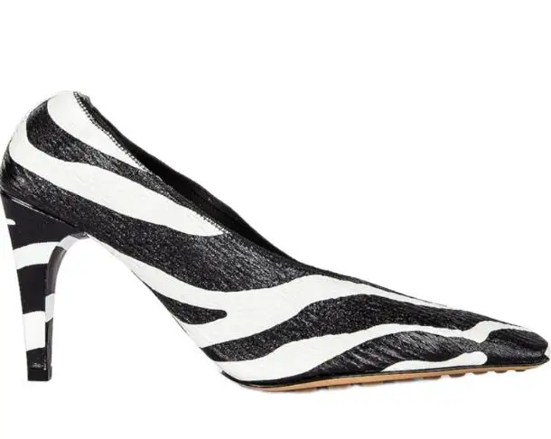 Carpaton Square Toe Women High Heel Shoes Zebra Printed Thin Heels Pumps Wrinkled Elastic Band Witch Dress Shoes Black White