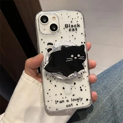 Korean Cute Magnetic Stand Grip Tok Cartoon Black Cat Magsafe Phone Case For iPhone 15 14 13 12 11 Promax XSMAX 7 8 Back Cover