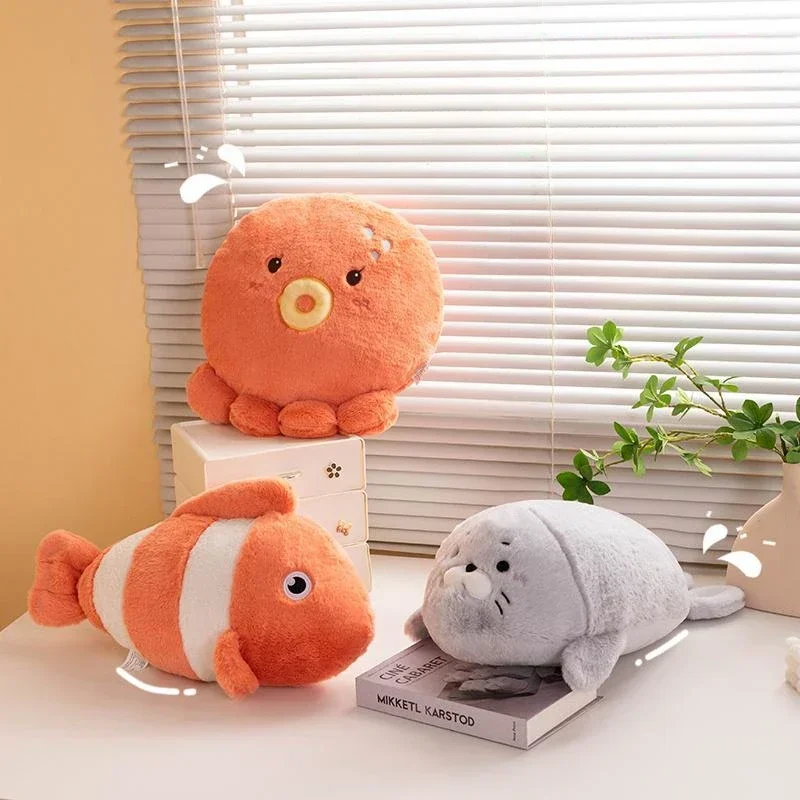 New Octopus Seals Clown Fish Plush Toy Soft Fish Stuffed Animals Cuddly Pillow Birthday Gift for Kid Ocean Party Home Decoration