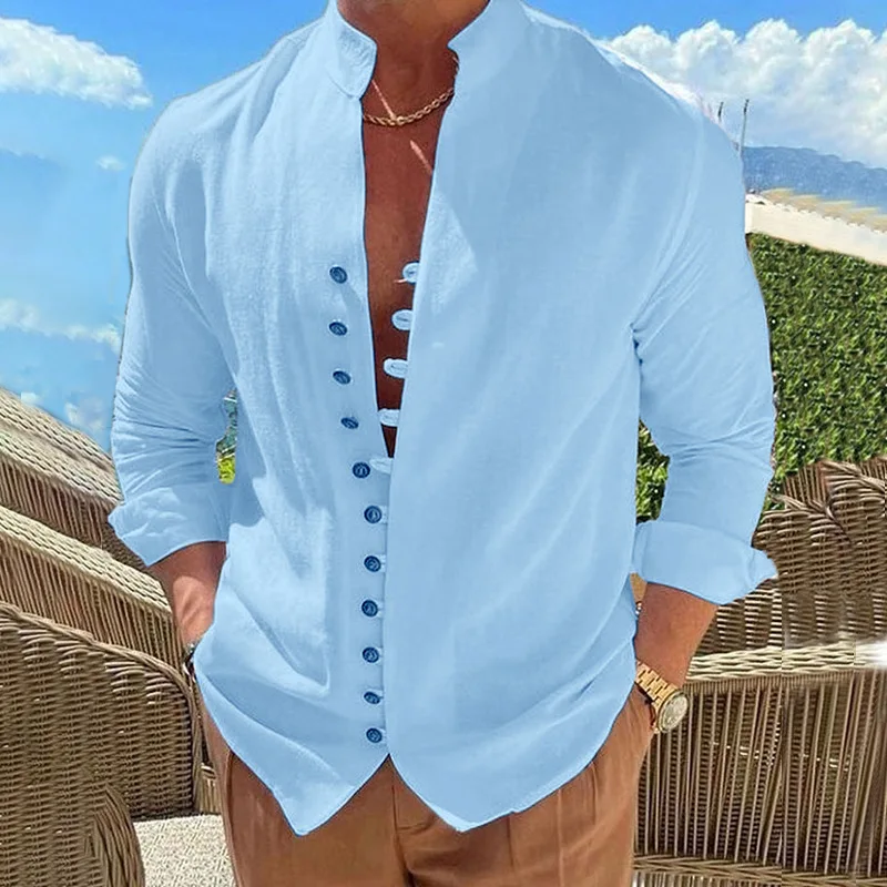 Camisa de manga larga para hombre, cárdigan vintage de algodón y lino, color sólido, talla grande, informal, holgado, ropa de moda de alta calidad