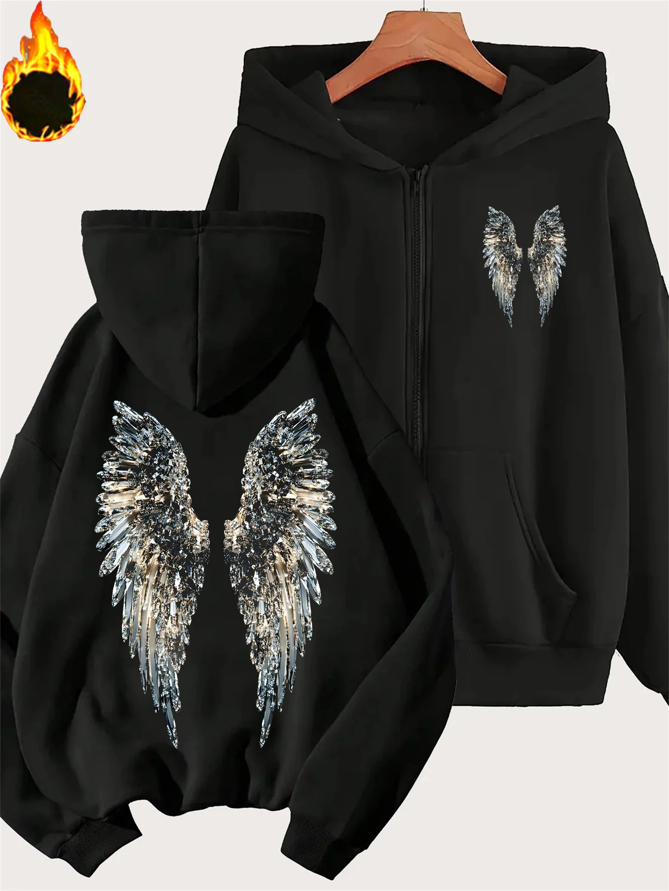 Wing Print Damen Zipper Hoodies Baumwoll-Fleece-Jacke Kapuzenpullover Sweatshirt Pullover Herbst Winter Oversize Lockerer Mantel Oberteil Casual – Detail 4