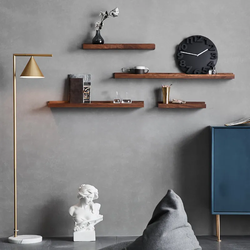 Solid Wood Floating Shelves Wall Mounted Walnut Hanging Wall Sconce Storage Board Display Rack No Drilling Home Decor Shelving