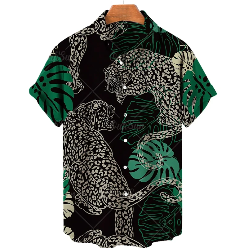 Hawaiian Animal Pattern Retro Casual T-shirt for Men 3D Printed Leopard Tiger Short Sleeved Shirt Holiday Party Street Top