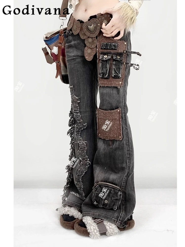 Pantalones vaqueros acampanados con múltiples bolsillos para niñas, sexys, de tiro bajo americano, industria pesada, pantalones de pierna recta rasgados versátiles a la moda para primavera y otoño