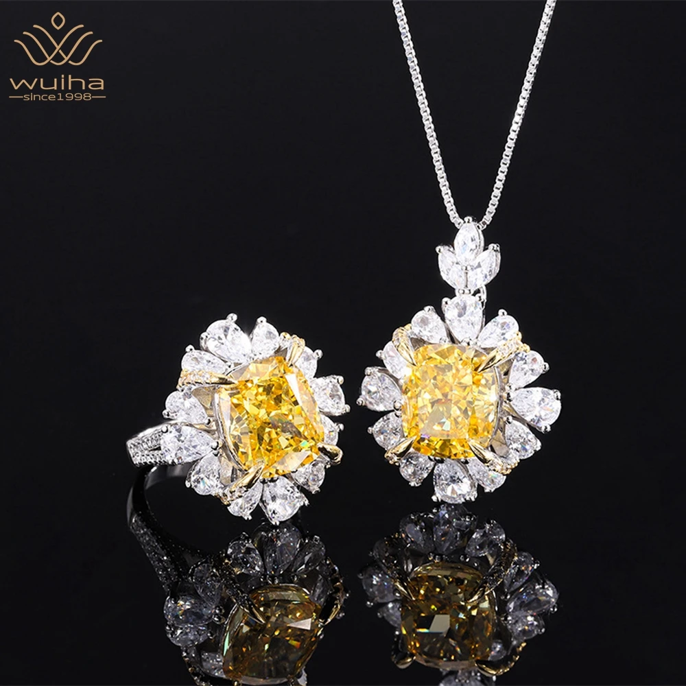 

WUIHA 925 Sterling Silver 10*12MM Yellow Sapphire Faceted Gemstone Ring/Pendant/Necklace Anniversary Fine Jewelry Set Wholesale