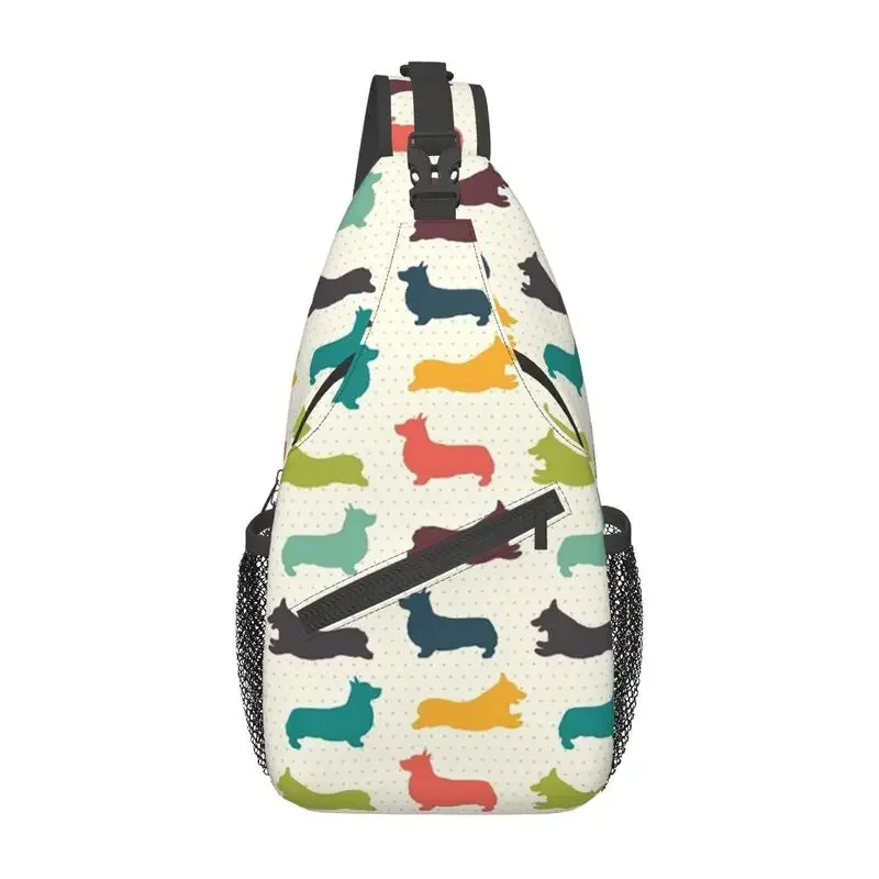 Custom Cute Multicolor Corgi Pattern Sling Bags Men Cool Puppy Dog Shoulder Crossbody Chest Backpack Cycling Camping Daypack