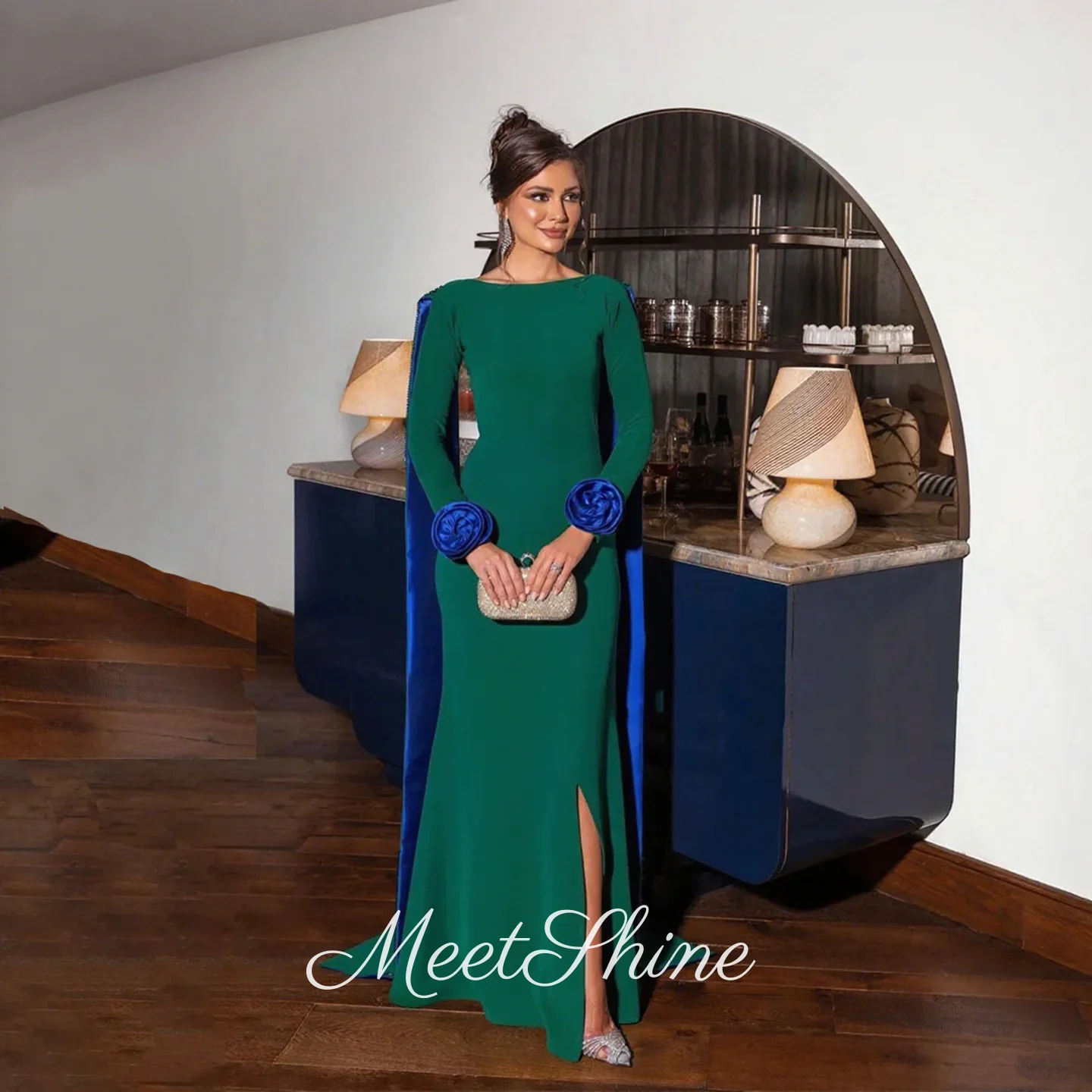 

High Quality Green Boat Neck 3D Flower فساتين سهرة with Cape Side Slit Prom Dress Saudi Arabia Party Dress Customized