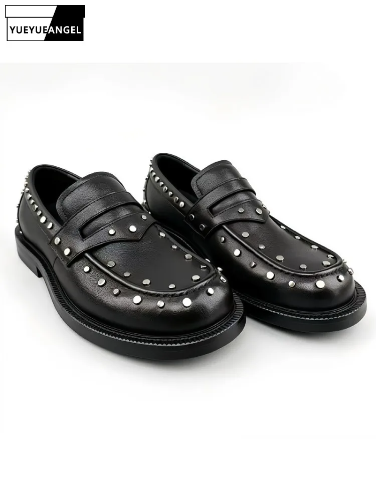 Fashion Mens Rivets Studded Party Dress Shoes Low Cut Slip On Loafers Autumn New Business Horsehide Genuine Leather Formal Shoes