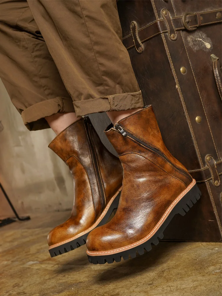 

Винтажные мужские ботинки до середины икры с высоким берцем на толстой подошве из натуральной кожи, спецодежда для дымохода, мотоциклетные ботинки для верховой езды, мужская защитная обувь