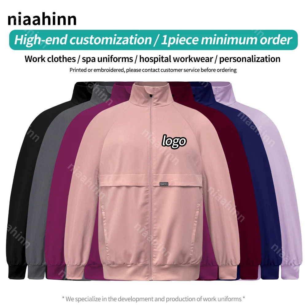 Printed or Embroidered Logo Long Sleeve Pocket Spa Workwear Nurse Scrubs Coat Pet Veterinary Work Clothes Women Solid Color Tops