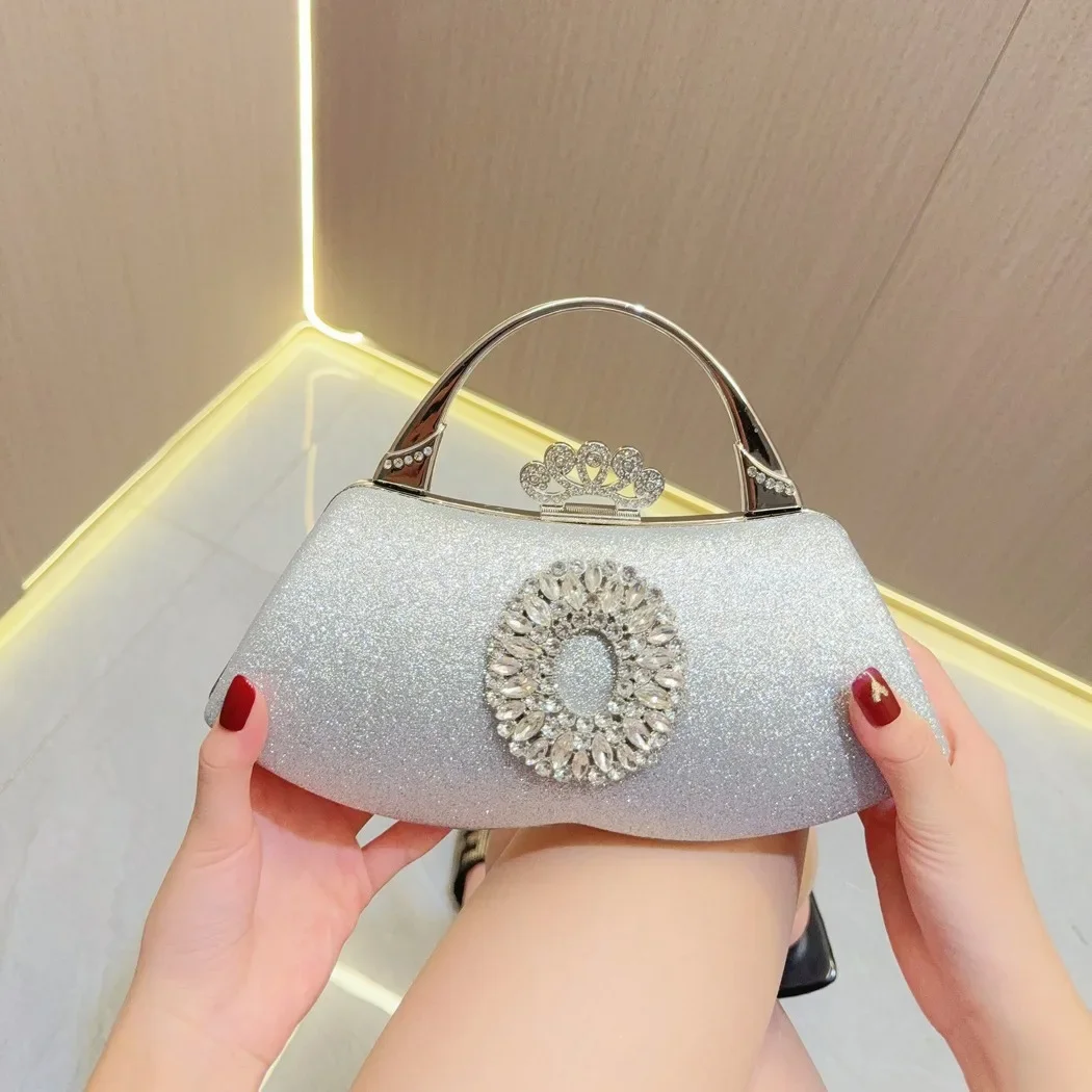 

Fine Fahion Silver Small Clutches Metal Handle Handbags For Women Rhinestone Flower Dinner Evening Bag Party Chain Shoulder Bags