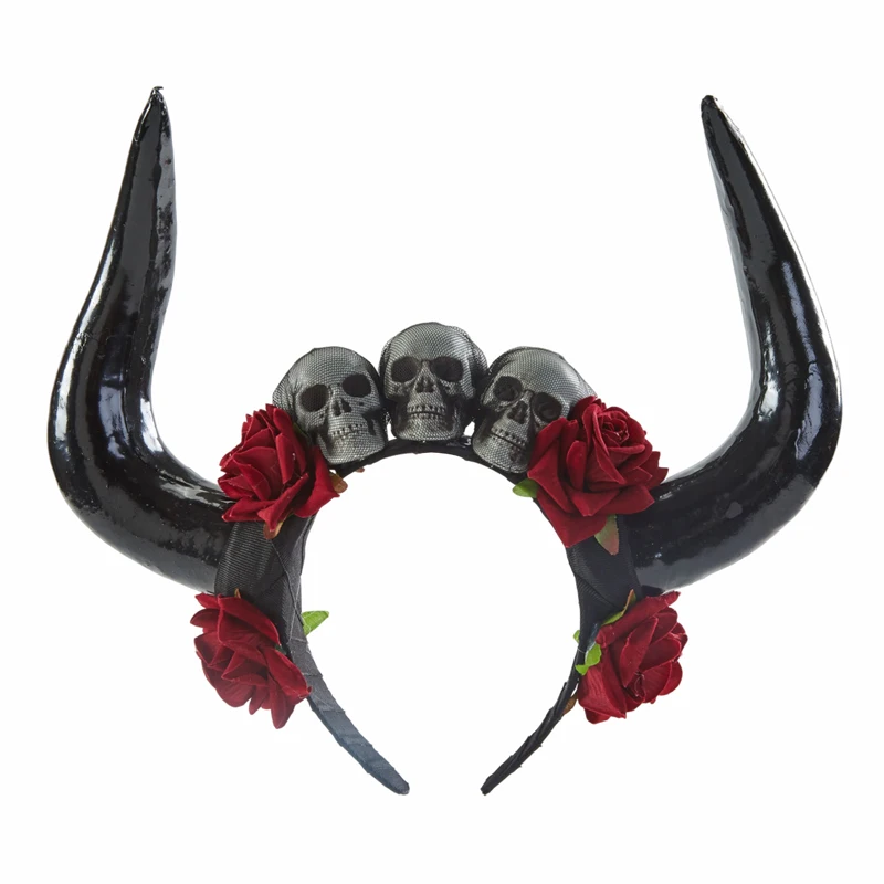 

Steampunk Black OX Horn Headband Devil Horn Skull Rose Headdress Gothic Cosplay Costume Headpieces Halloween Fancy Dress