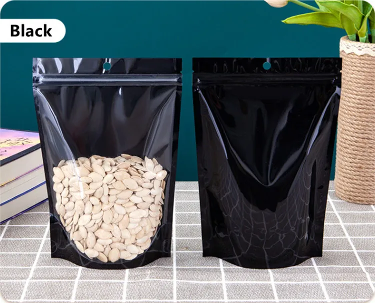 100pcs Stand Up Clear Front Glossy Black Zip Lock Bag Resealable Snack Candy Coffee Beans Powder Dates Gifts Packaging Pouches