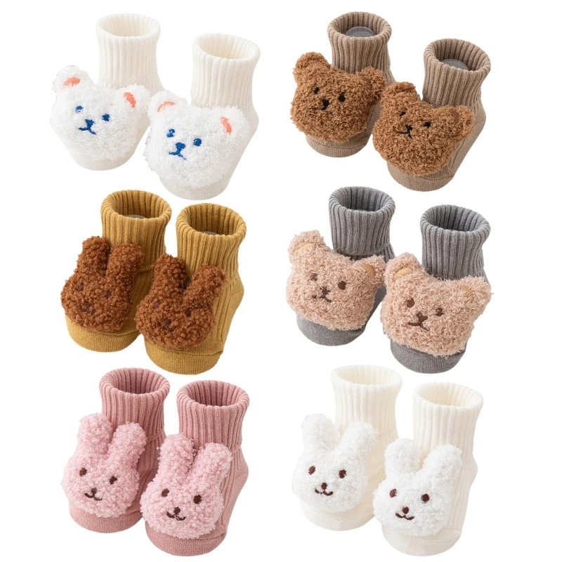 Antislip Cartoon Bear/Rabbit Floor Socks for Baby Girls Boys Winter Prewalker Socks Rubber Soles Warm Socks for Indoor