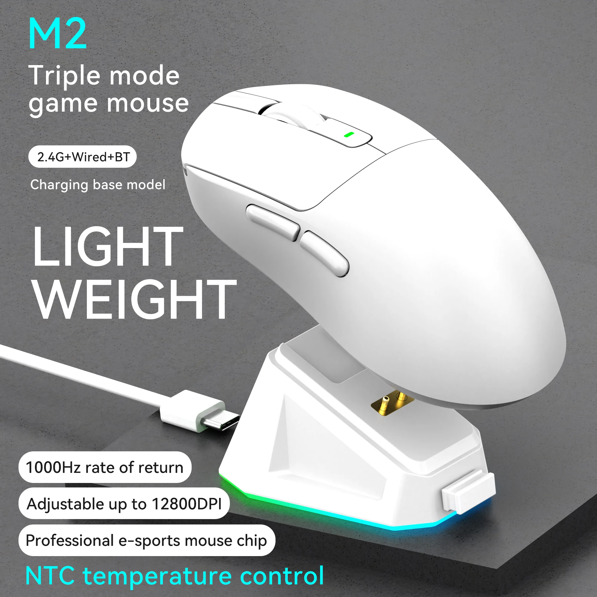 M2 Wireless Bluetooth + 2.4GHz + Wired Triple-Mode Lightweight Gaming Mouse with Wireless Charging Dock