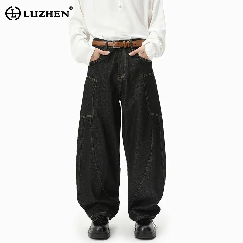 LUZHEN Fashion Original Celana Jeans Kasual Lurus Multi Kantong Dekoratif Pria 2025 Baru Berkualitas Tinggi Celana Denim Longgar Lebar JY4795