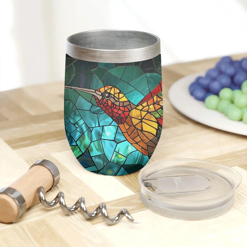 Stained Glass Hummingbird Vacuum Flasks 12oz Insulated Wine Tumbler Vacuum Coffee Mug Egg Shape Thermos Cup