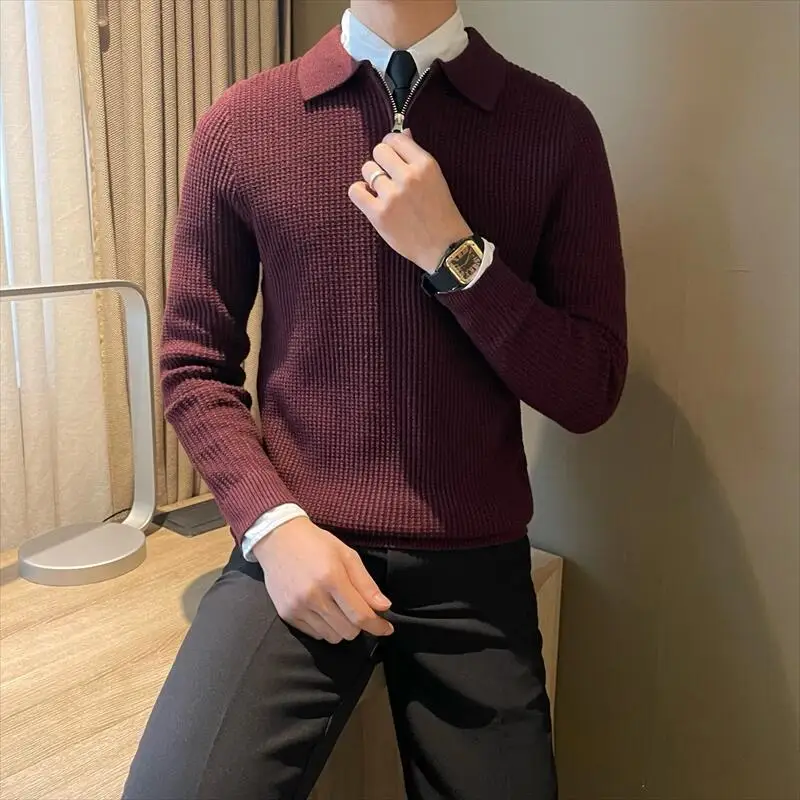 Men's long sleeve semi-zipper polo neck cashmere sweater with waffle fabric slim solid color sweater