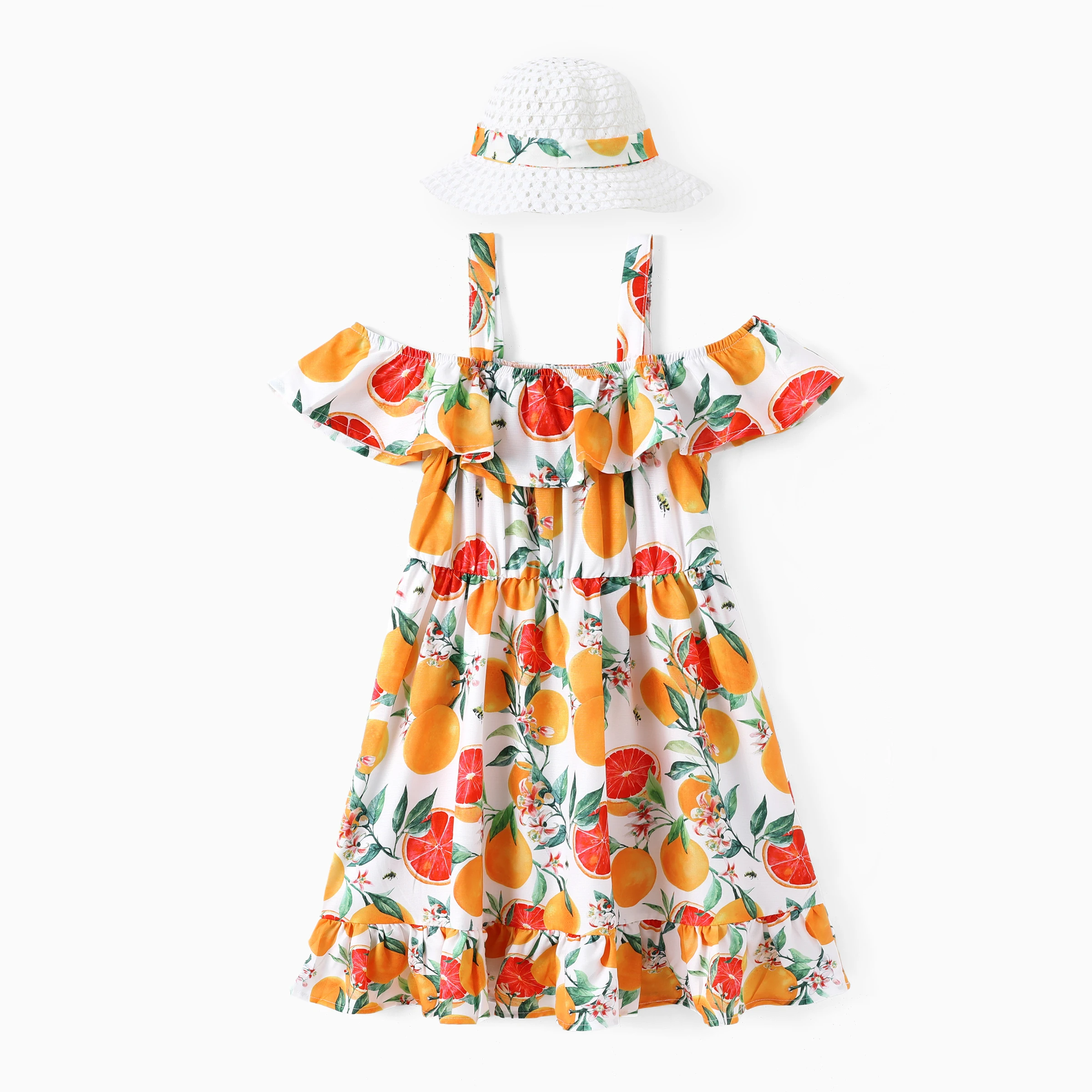 PatPat Kid Girl 2pcs Fruit Print Ruffled Cami Dress with Straw Hat