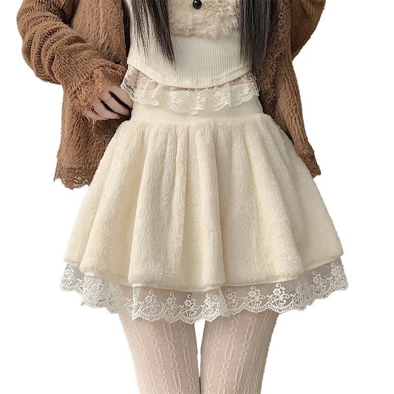 Kawaii Zoete Ruches Rok Vrouwen 2023 Herfst Winter Y2k Harajuku Kant Patchwork Pluche Korte Rok Japanse Mini Faldas Gothic Nieuwe