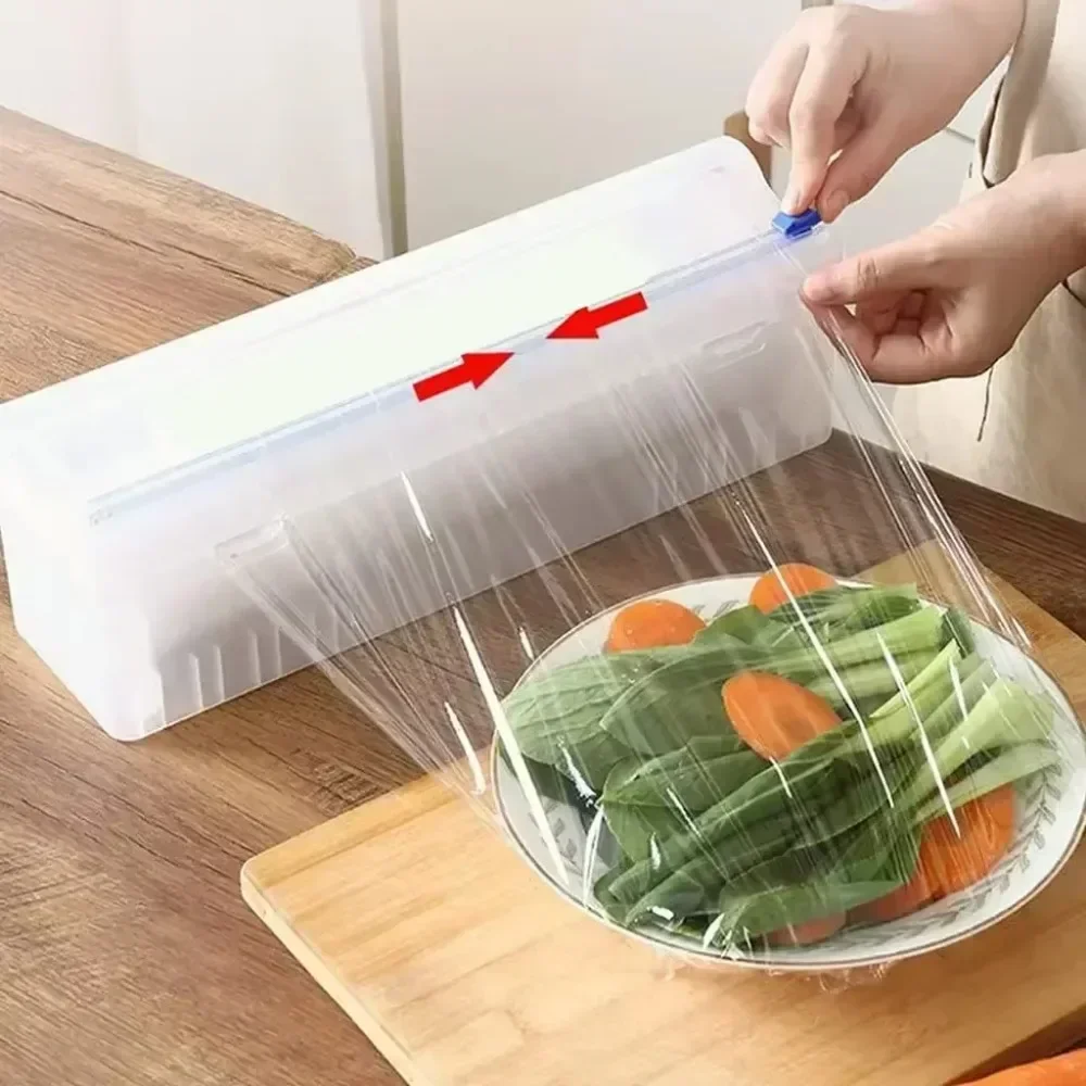 Cutter Plastic Wrap Dispenser Wrap Storage Box with Slide Cutter Refillable Adjustable Storage Holder Cling Film Reusable Safe