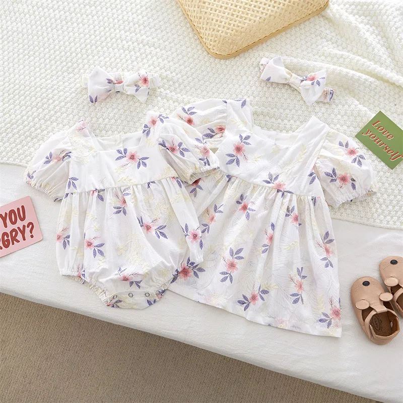 Printed Sister Clothes Baby Girls Flowers Rompers Toddler Summer Dress Girls Short Sleeves Rompers+Hair Band Girls Dress Clothes