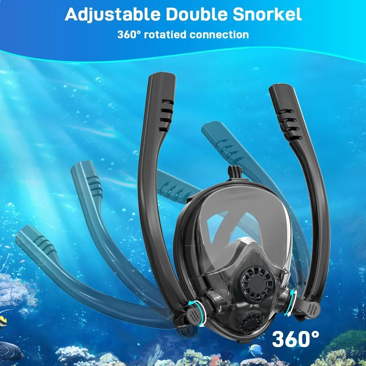 

Adult Full Face Snorkeling Mask Panoramic Double Hose Breathing Separate With Camera Mount Summer Vacation Swimming Silicone Dry