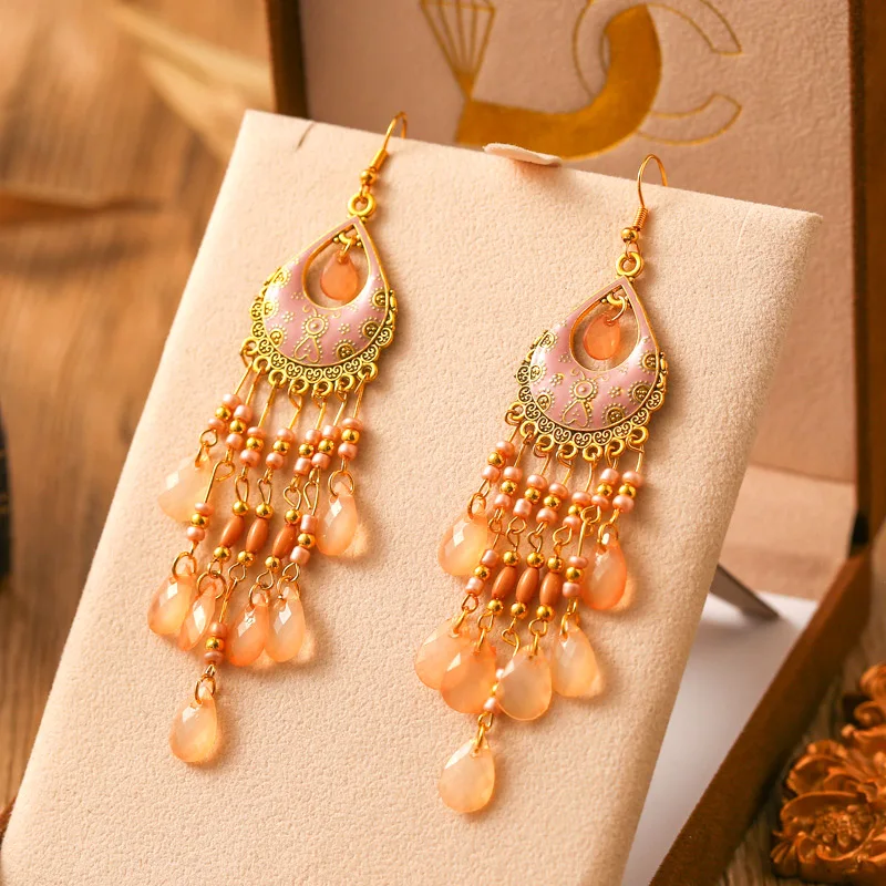 New Bohemian Colorful Water Drop Dangle Earrings for Women Retro Long Geometric Enamel Rice Bead Earring Vacation Party Jewelry