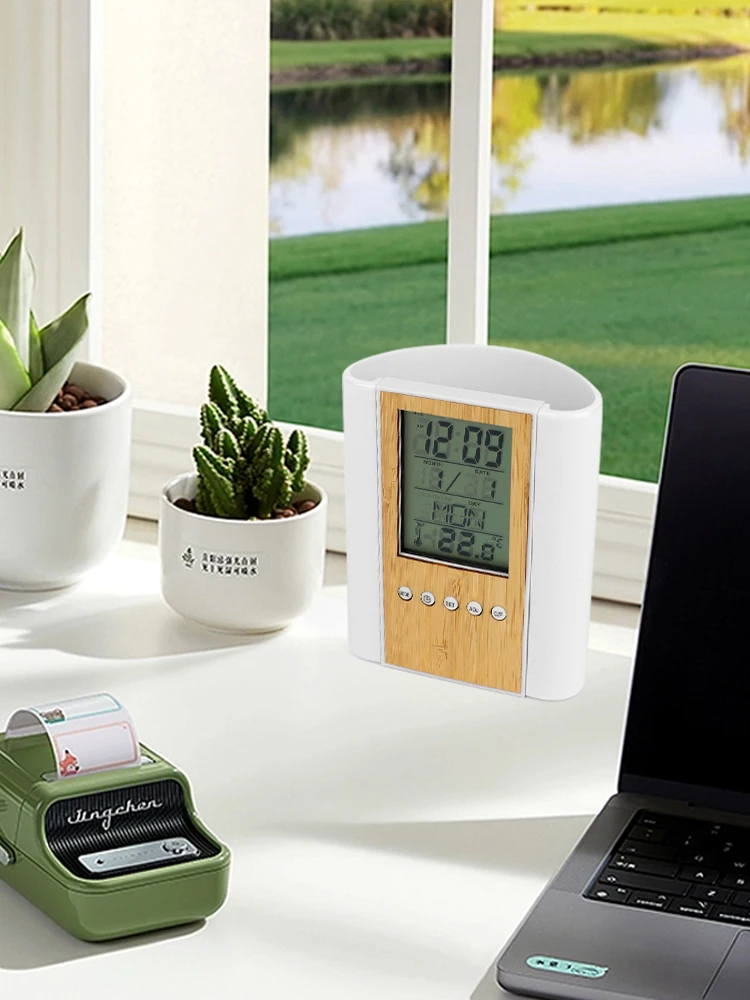 Bamboo sheet eco-friendly decorative panel, date alarm clock time display pen holder