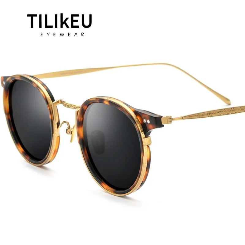 Vintage Leopard Print Acetate Titanium Round Sunglasses Classic Retro Men and Women Outdoor Driving Polarized Sun Glasses UV400