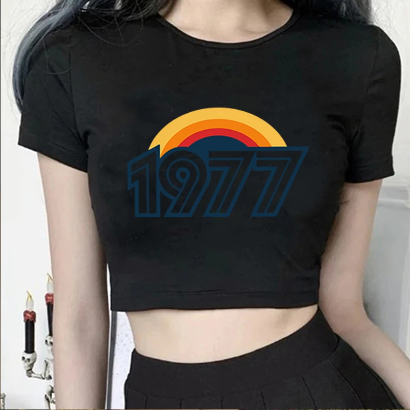 1977 with Rainbow O-Neck T-Shirt, Y 2k Baby Retro Fashion O-Neck Tee Women Crops , Sleeve Women Sexy Cropped Women's Cropped Top