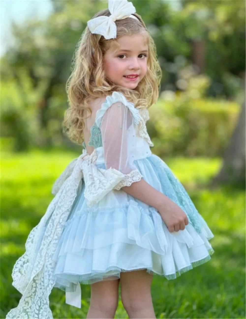 Adorável verão azul flor meninas vestido vintage lolita princesa vestido de baile para crianças presente aniversário comunhão vestidos de casamento